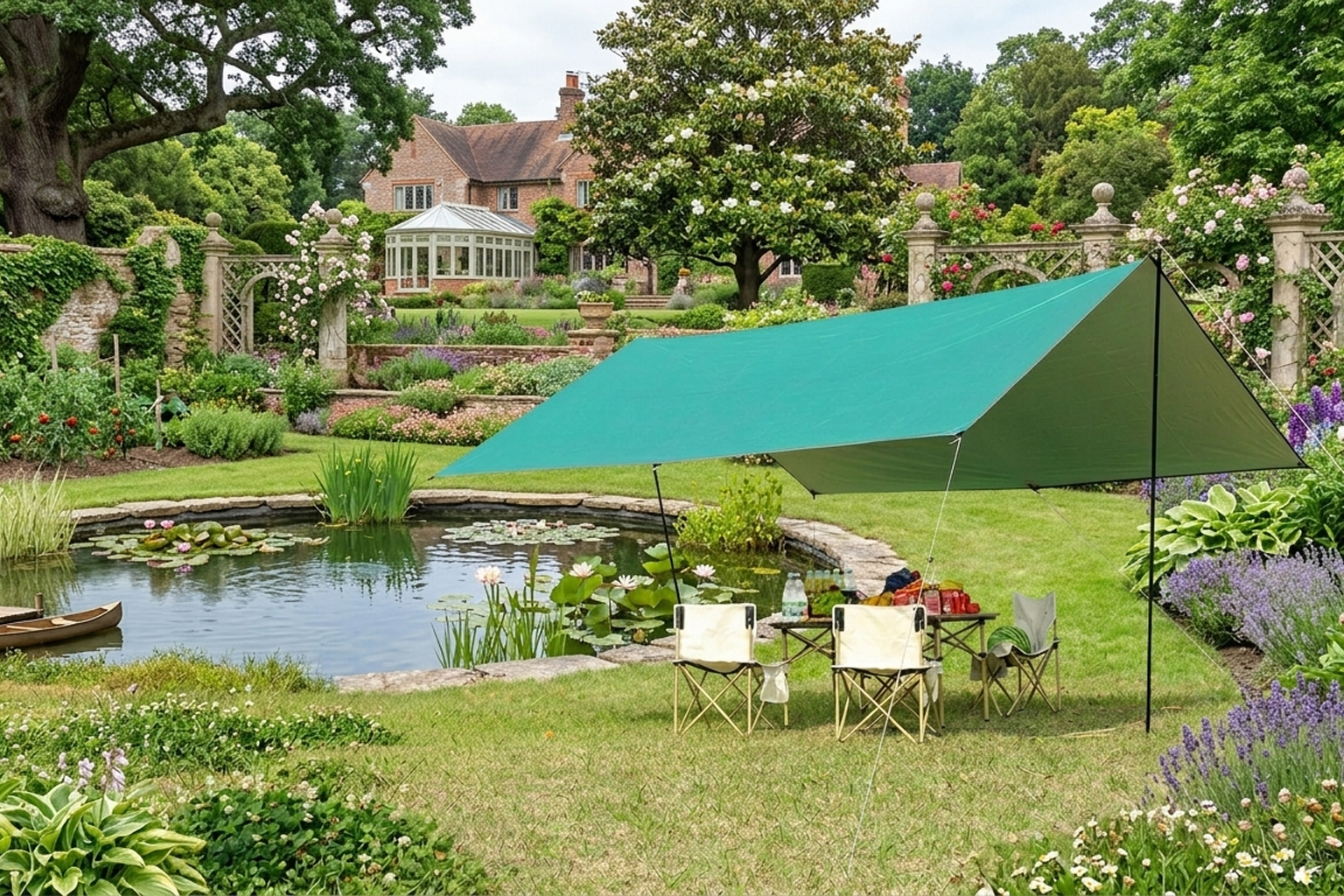 Green canvas tarpaulin pitched as a sunshade over a garden seating area