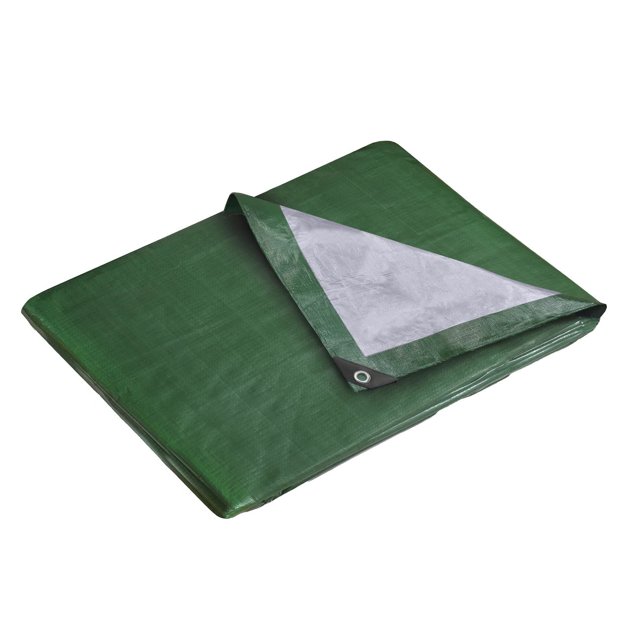 140gsm green and silver tarpaulin for outdoor, industrial, and construction use.