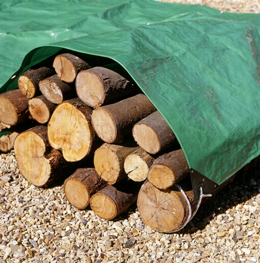 140gsm heavy-duty green and silver tarpaulin providing coverage for industrial or outdoor use.