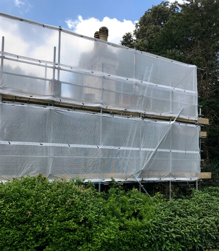 Durable 170gsm scaffold sheeting used for construction site safety and dust control.