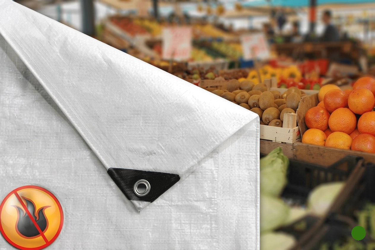 Heavy-duty 200gsm white tarpaulin, flame-retardant, ideal for industrial projects.