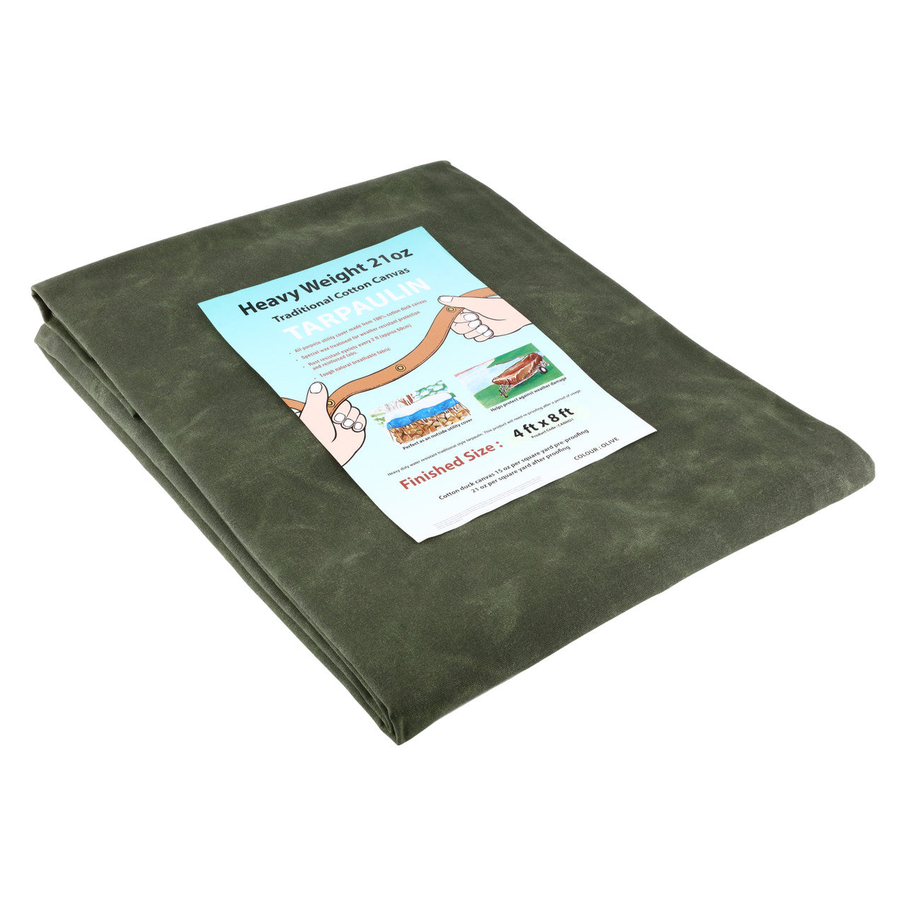 Heavy-duty 21oz cotton canvas tarpaulin for long-lasting outdoor or industrial use.