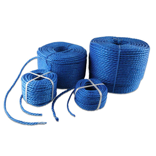 Blue rope coil, 220 meters long, ideal for cargo, camping, or DIY tasks.