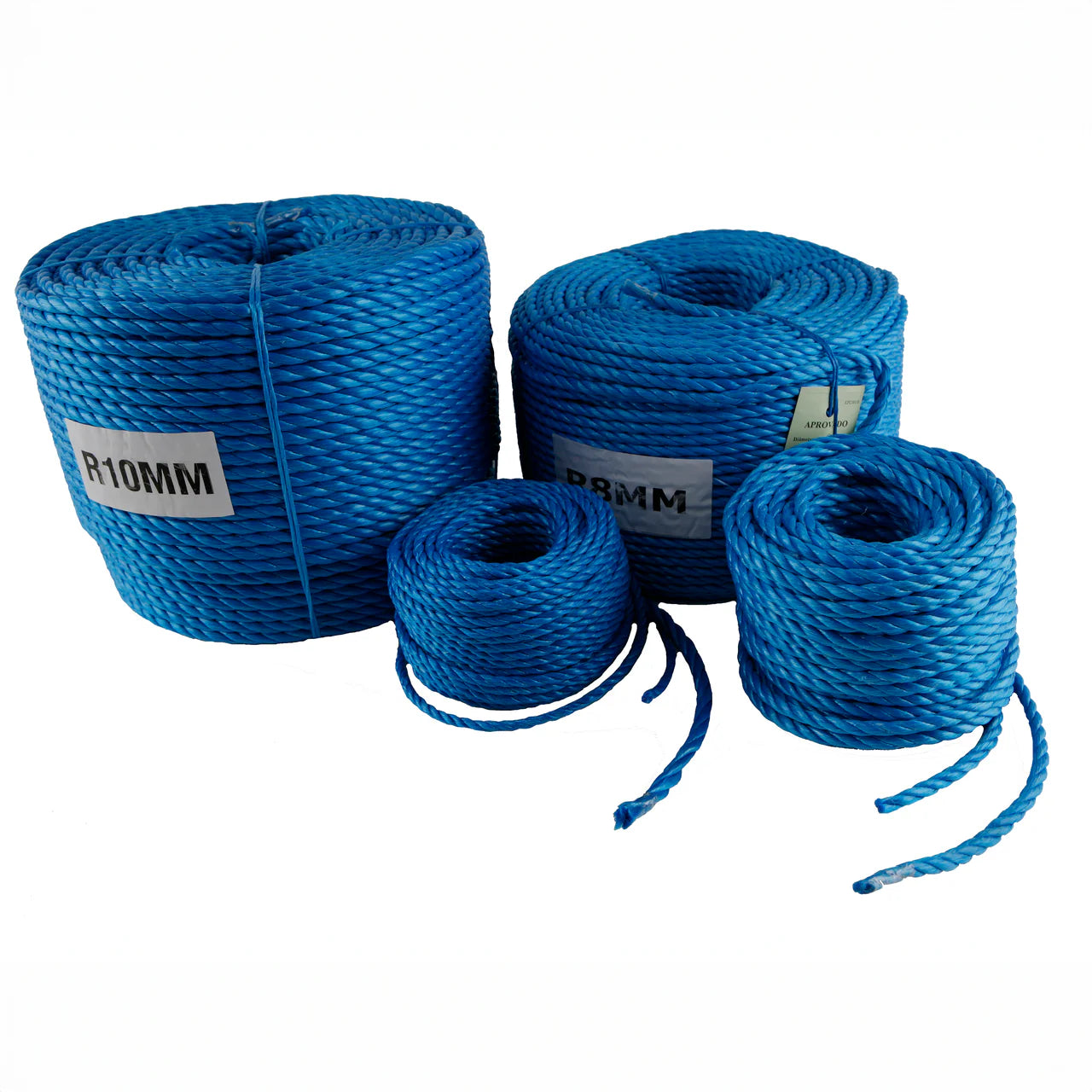 220-meter blue rope neatly coiled for storage or industrial use