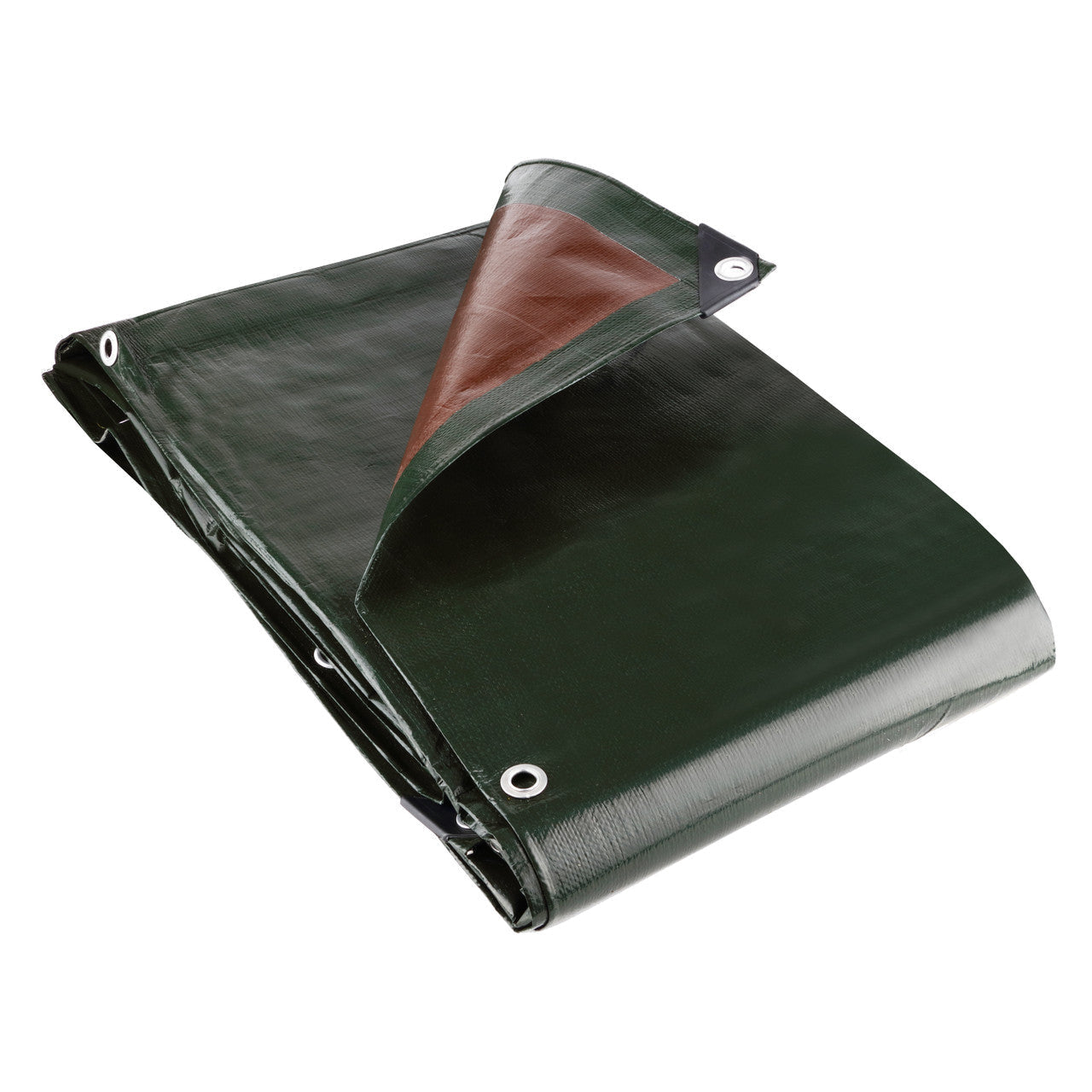 250gsm waterproof tarpaulin in green/brown for sheltering and industrial protection.