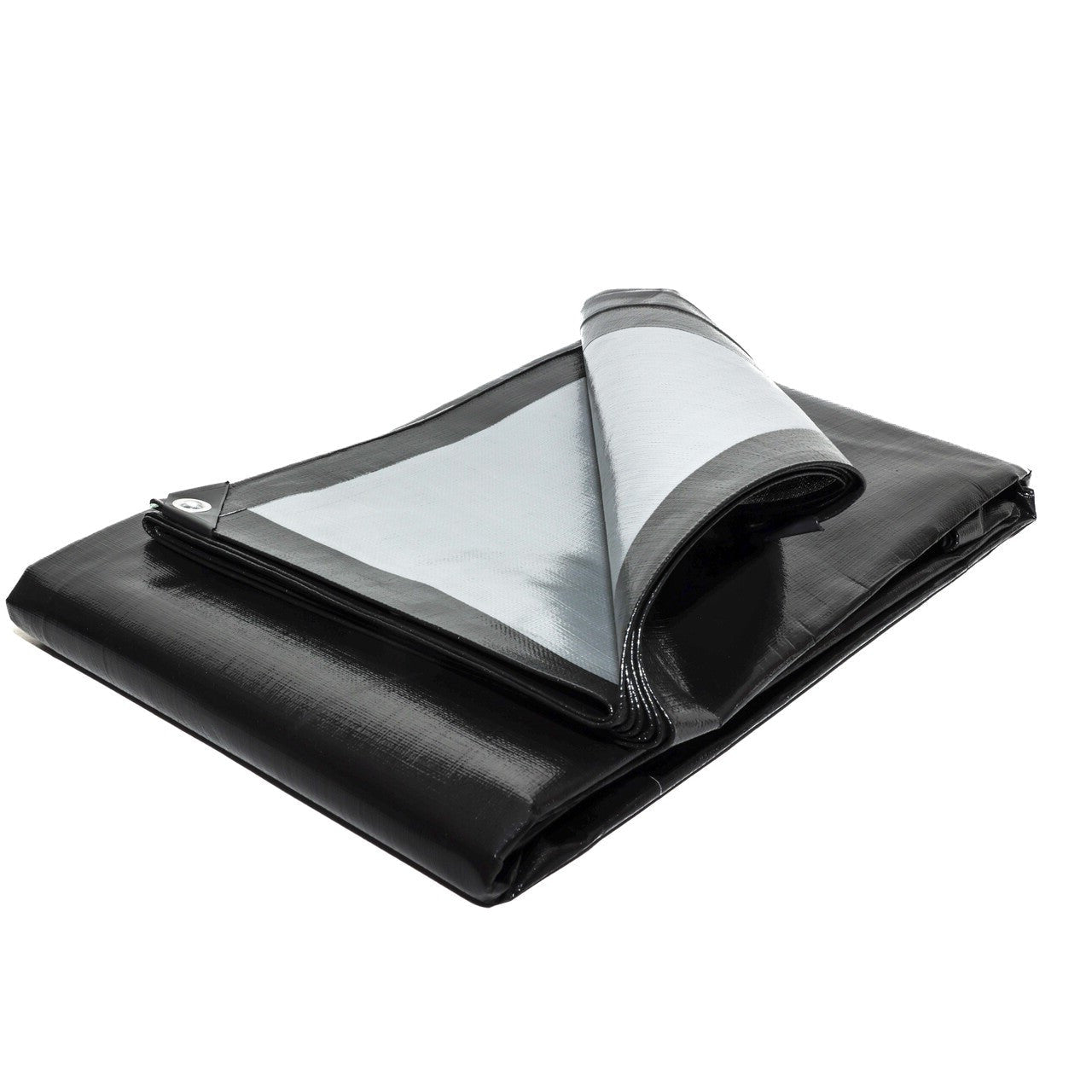 270gsm heavy-duty tarpaulin in black and silver for outdoor and industrial use.
