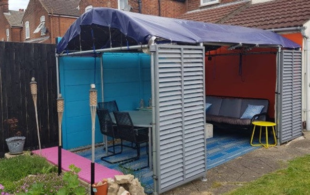 350gsm waterproof tarpaulin in blue/beige for sheltering and industrial protection.
