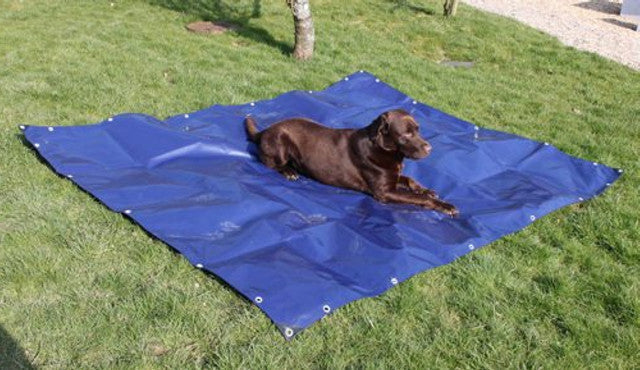 Blue and beige 350gsm tarpaulin providing robust coverage for industrial or outdoor use.