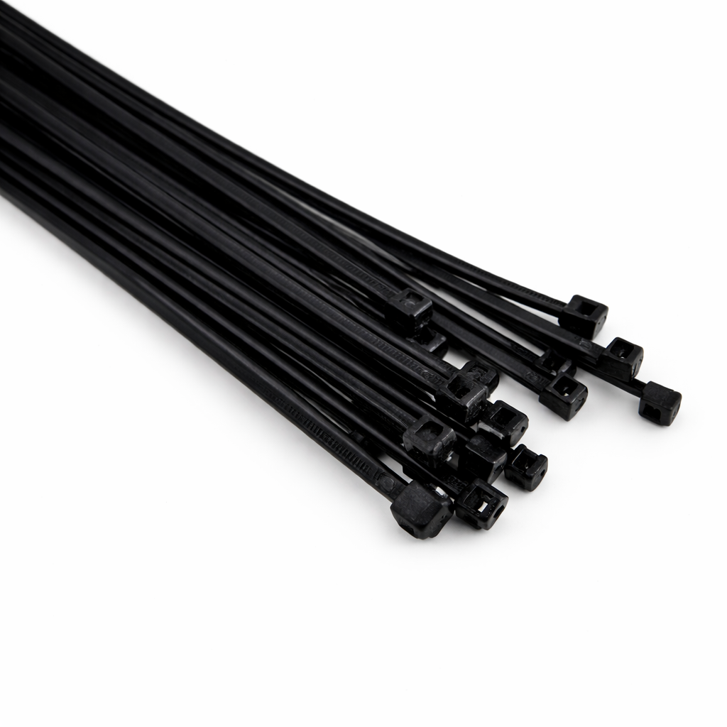 Heavy-duty black cable ties, 100 per pack, for organizing and securing gear.