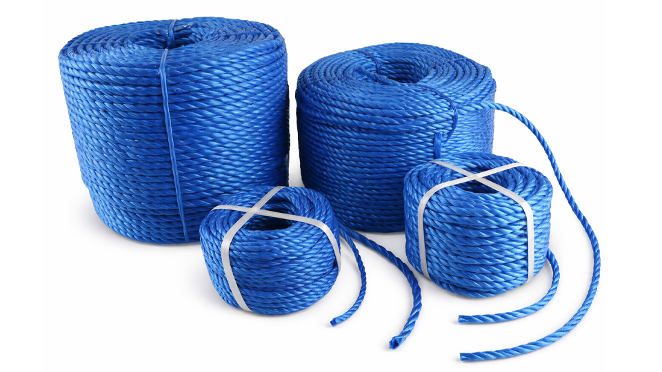 Coils of blue polyporpylene rope in various sizes arranged on a white background for banner display.