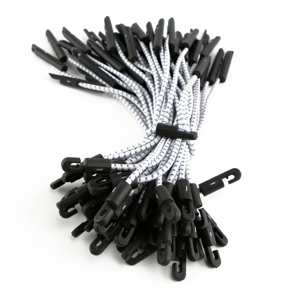 Bundle of stretchy bungee cord ties for holding, bundling, and securing objects.
