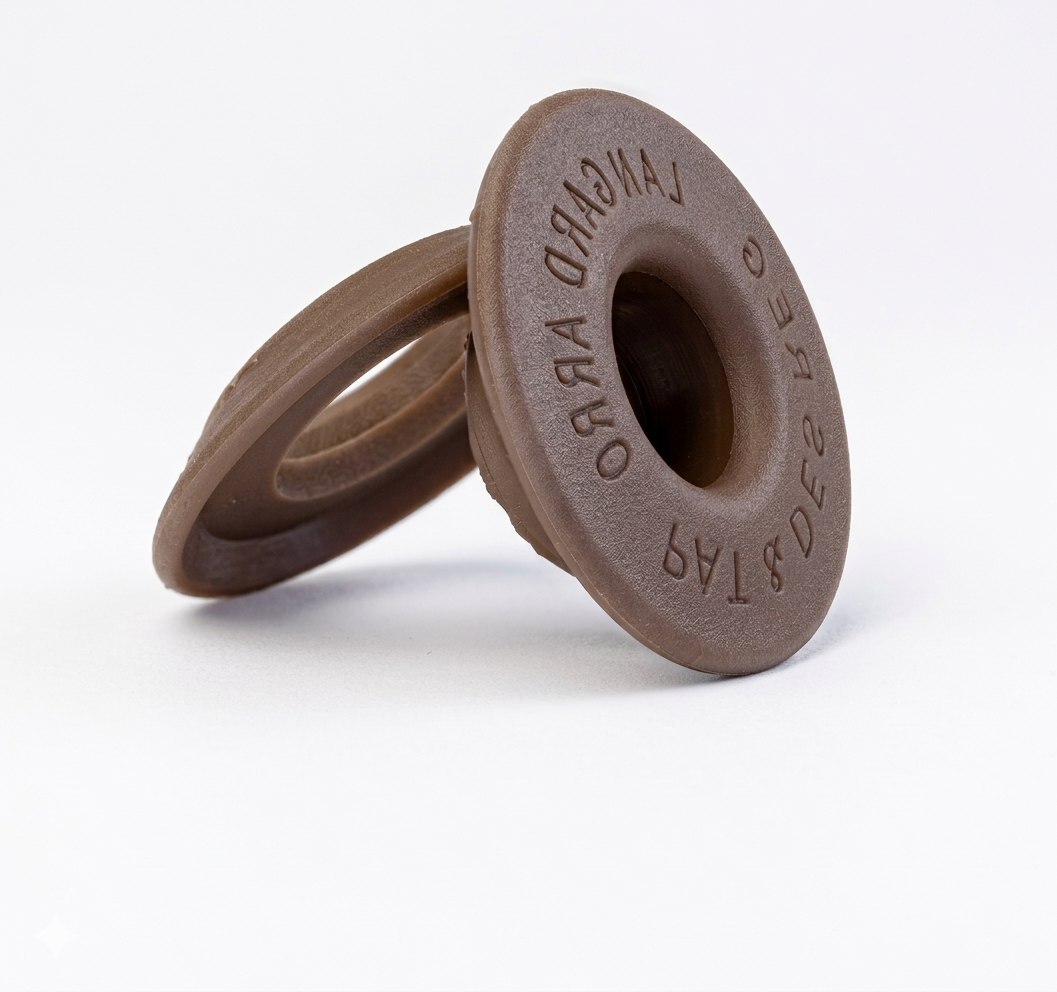 Stack of durable brown plastic eyelets ready for installation in fabric or tarps.