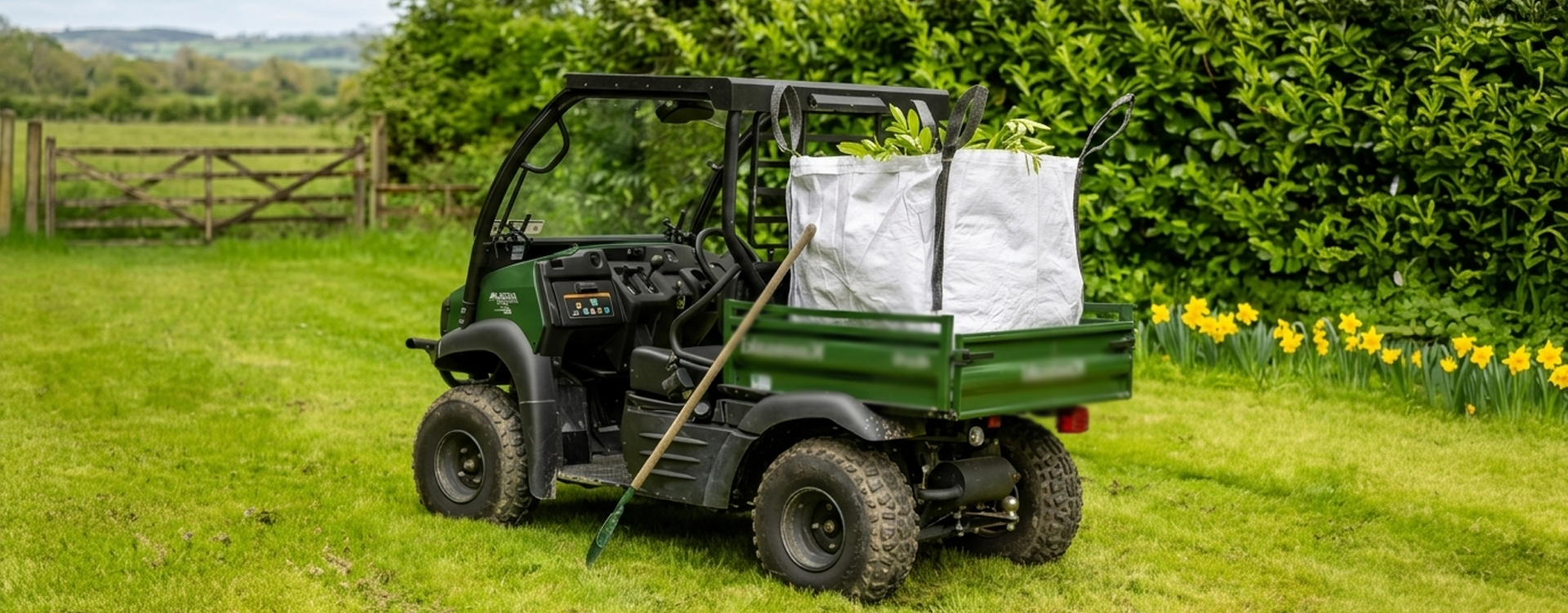 Utility vehicle carrying a 130gsm Polypropylene One Tonne Bulk Bag filled with greenery on a grassy field.