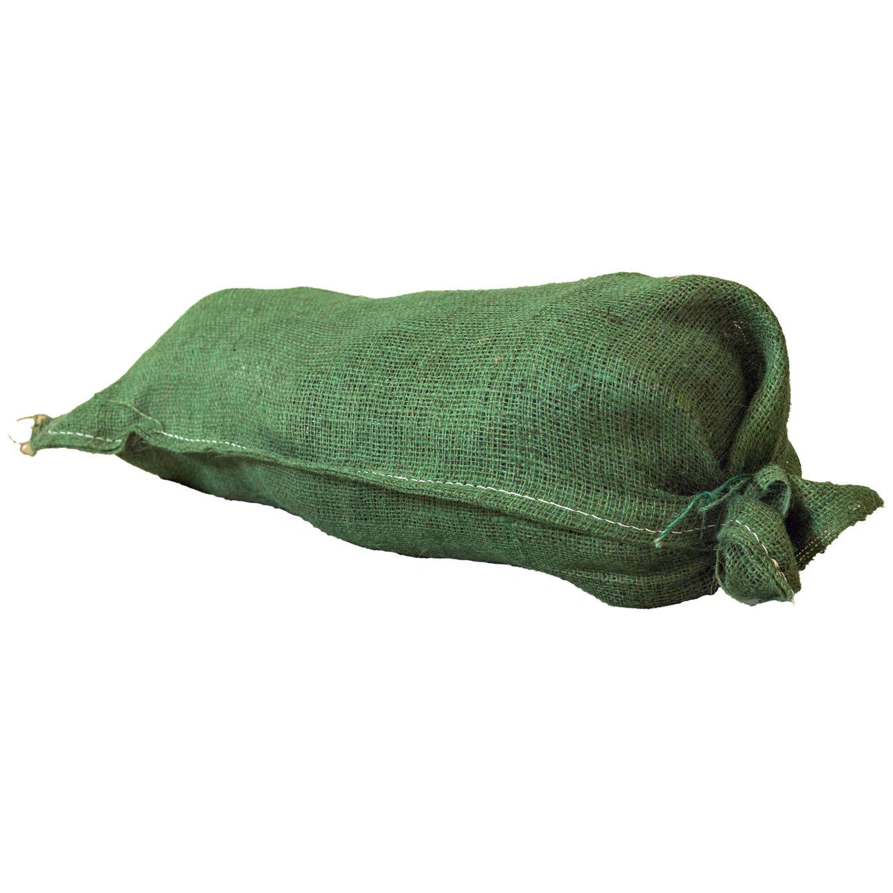 Pile of rot proofed hessian sandbags on the ground for flood defense or temporary barriers.