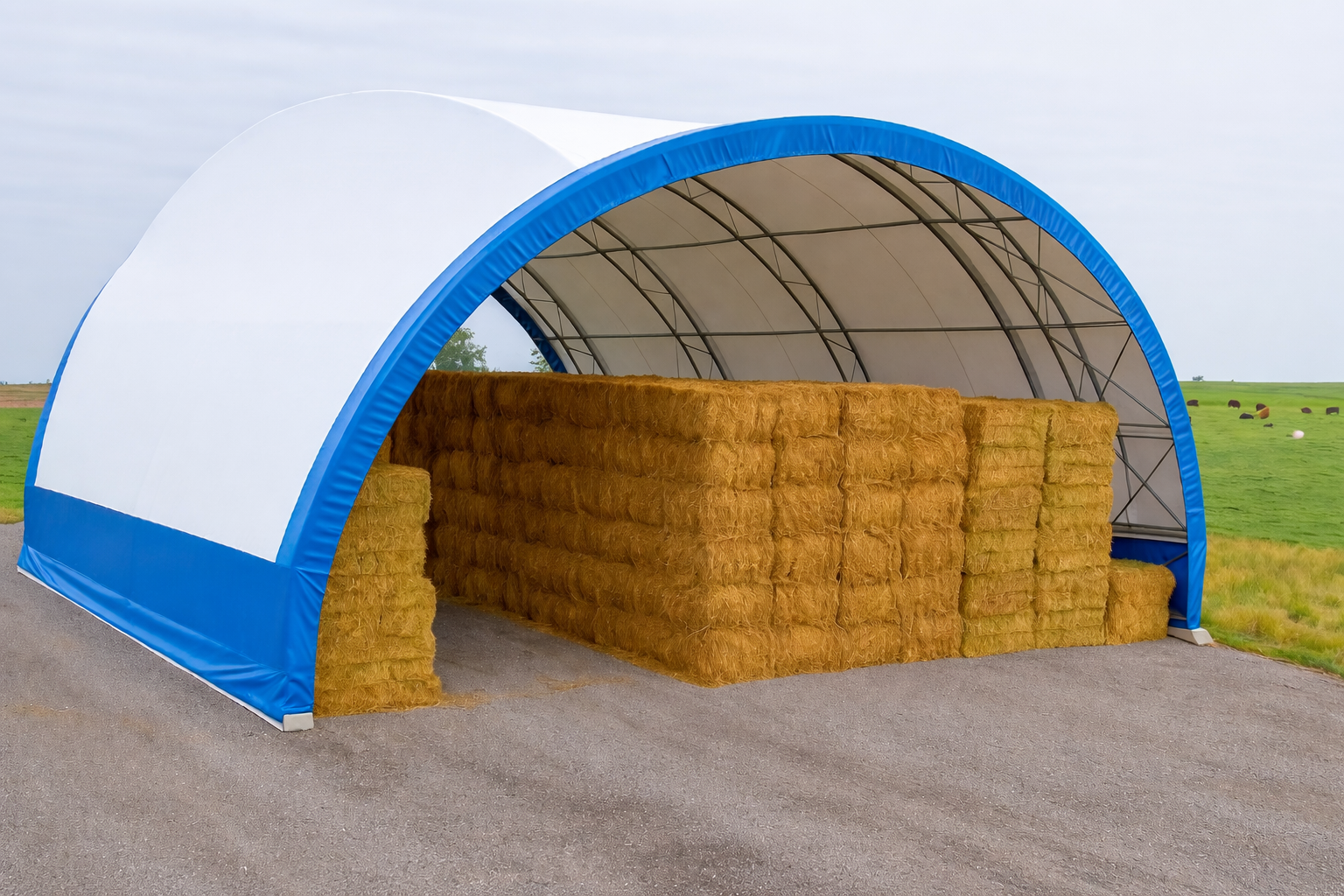 Hay bales stored under a blue and white waterproof tarpaulin shelter in an open field.